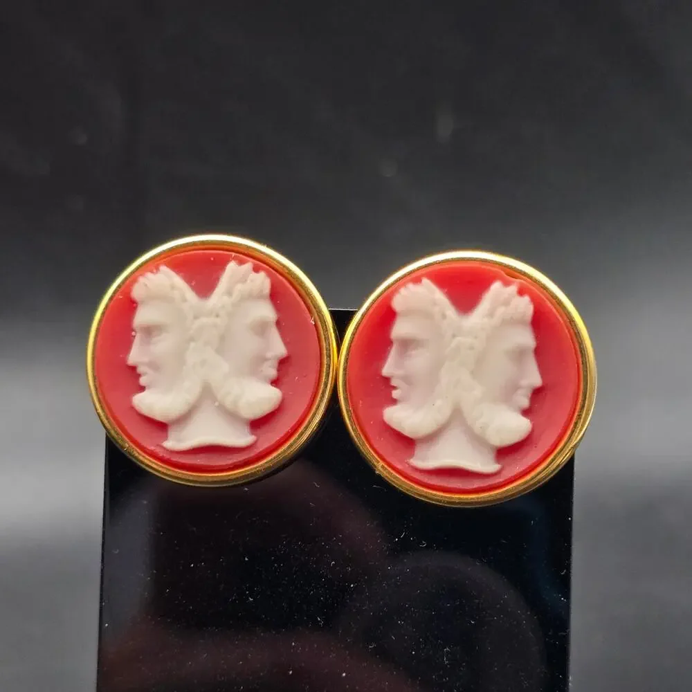 Orange Janus Cameo Cufflinks Greek Roman Gold Gold Tone Vintage NOS